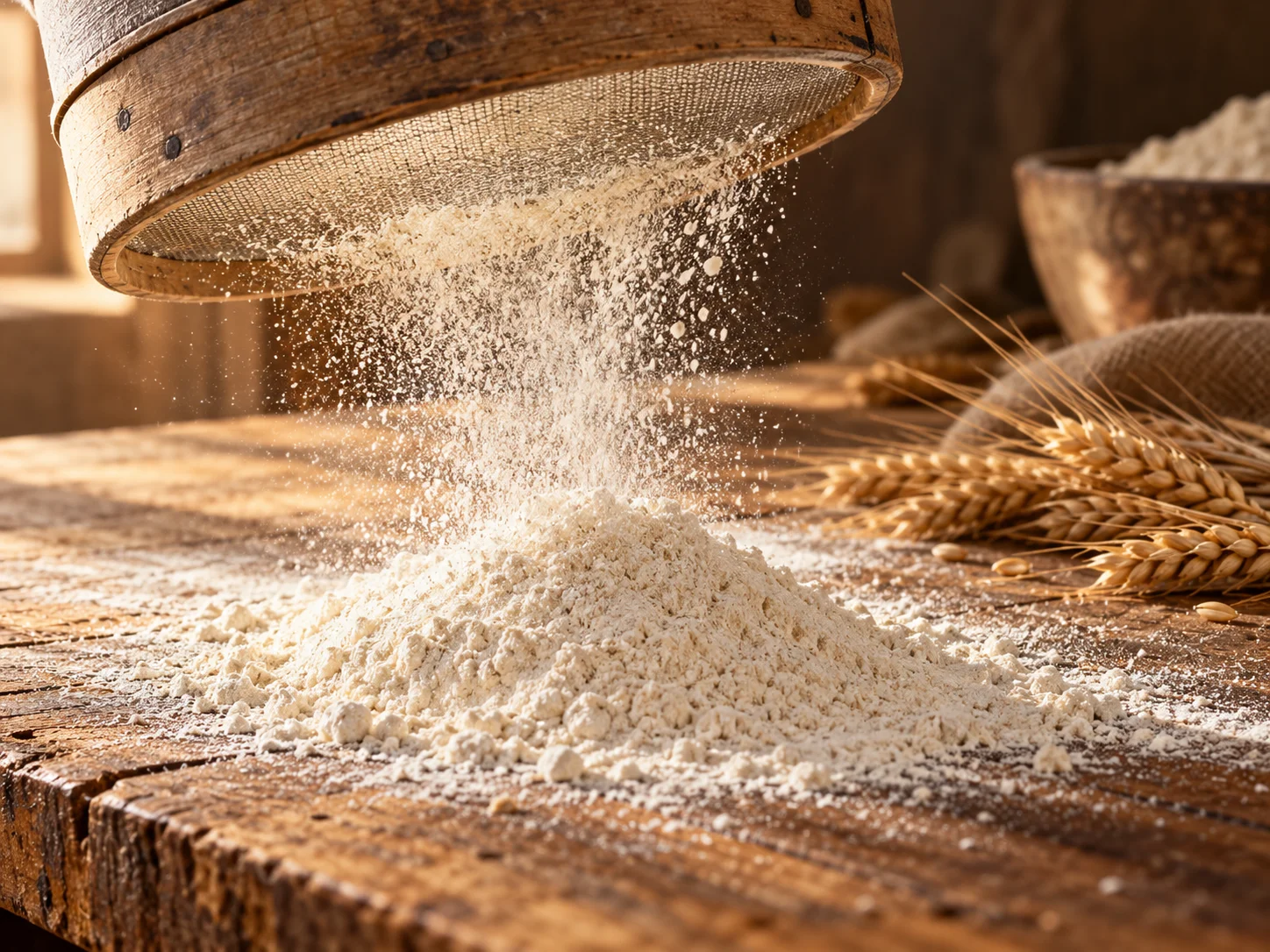 Flour falling through a wooden sieve onto an oak table